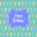 Cute Happy Birthday Background with Cake Icon and Candles. Design Element for Party Invitation, Congratulation. Vector Royalty Free Stock Photo
