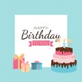 Cute Happy Birthday Background with Gift Box, Cake and Candles. Design Element for Party Invitation, Congratulation. Vector Royalty Free Stock Photo