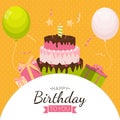 Cute Happy Birthday Background with Gift Box, Cake and Candles. Design Element for Party Invitation, Congratulation. Vector Royalty Free Stock Photo