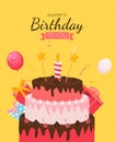 Cute Happy Birthday Background with Gift Box, Cake and Candles. Design Element for Party Invitation, Congratulation. Vector Royalty Free Stock Photo