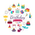 Cute Happy Birthday Background with Gift Box, Cake and Candles and other Design Element for Party Invitation, Congratulation. Royalty Free Stock Photo