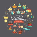 Cute Happy Birthday Background with Gift Box, Cake and Candles and other Design Element for Party Invitation, Congratulation. Royalty Free Stock Photo