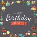 Cute Happy Birthday Background with Gift Box, Cake and Candles and other Design Element for Party Invitation, Congratulation. Royalty Free Stock Photo