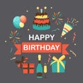 Cute Happy Birthday Background with Gift Box, Cake and Candles and other Design Element for Party Invitation, Congratulation. Royalty Free Stock Photo