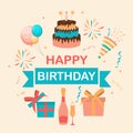 Cute Happy Birthday Background with Gift Box, Cake and Candles and other Design Element for Party Invitation, Congratulation. Royalty Free Stock Photo