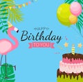 Cute Happy Birthday Background with PInk Flamingo, Cake and Candles. Design Element for Party Invitation, Congratulation. Vector Royalty Free Stock Photo