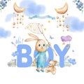 Cute happy birthday card with cartoon Bunny and baby room, butterfly and catoon. Watercolor rabbit clip art and beauty