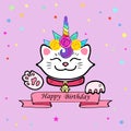 Cute Happy Birthday card with cat and Unicorn tiara.