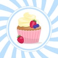 Cute Happy Birthday card with a cupcake with cherries and blueberries. Flat style vector illustration