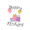 Cute happy birthday card design with presents and balloons, and hand drawn text vector illustration Royalty Free Stock Photo