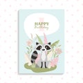 Cute happy birthday card design. sweet racoon Royalty Free Stock Photo