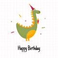 Cute Happy Birthday card with dinosaur mascot. Happy child monster