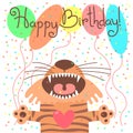 Cute happy birthday card with funny tiger.