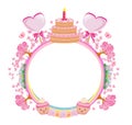 Cute happy birthday card, girlish frame with muffins