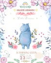 Cute happy birthday card with hippo. watercolor hippo and beauty pink flowers, floral and leaf for greeting card Royalty Free Stock Photo