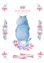 Cute happy birthday card with hippo. watercolor hippo and beauty pink flowers, floral and leaf for greeting card Royalty Free Stock Photo