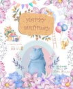 Cute happy birthday card with hippo. watercolor hippo and beauty pink flowers, floral and leaves for greeting, invite, celebration Royalty Free Stock Photo