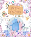 Cute happy birthday card with hippo. watercolor hippo and beauty pink flowers, floral and leaves for greeting, invite, celebration Royalty Free Stock Photo