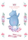 Hand drawn cute Hippo and beauty pink flowers, floral and leaf for greeting card. Watercolor cartoon illustration for design Royalty Free Stock Photo