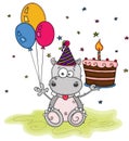 Cute happy birthday with fun hippo holding three balloons and a cake