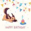 Cute happy birthday greeting card. Cartoon style: German Shepherd, garlands, festive cupcake with candles in the shape Royalty Free Stock Photo