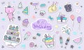Cute happy birthday sticker collection in doodle style. Hand drawn kawaii element in pastel color.