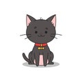 Cute happy black cat in a red collar with a gold medallion. Cat in kawaii style. Hand drawn vector illustration. Royalty Free Stock Photo