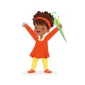 Cute happy black little girl standing and holding umbrella cartoon vector Illustration Royalty Free Stock Photo