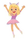 Cute happy blond girl jumping and dancing cheerfully on a white background. Laughing school girl, vector background for