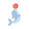 Cute happy blue dolphin cartoon playing beach ball Royalty Free Stock Photo