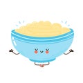 Cute happy bowl of oatmeal porridge meditate