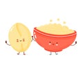Cute happy bowl of oatmeal porridge and oat grain