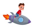 Cute Happy Boy Astronaut Riding Space Rocket Toy, Little Boy Playing Astronauts Cartoon Style Vector Illustration