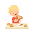 Cute Happy Boy Eating Burger, Kid Enjoying Eating of Fast Food Vector Illustration Royalty Free Stock Photo