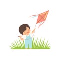 Cute Happy Boy Enjoying Flying Kite on Green Meadow, Adorable Little Kid Cartoon Character Playing Outside Vector Royalty Free Stock Photo