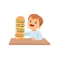 Cute Happy Boy with Giant Burger, Kid Enjoying Eating of Fast Food Vector Illustration