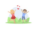 Cute Happy Boy and Girl Walking in the Park, Friendship and Love Between Kids, Happy Valentine Day Vector illustration