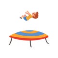 Cute Happy Boy Jumping on Trampoline, Smiling Little Kid Bouncing and Having Fun Cartoon Vector Illustration Royalty Free Stock Photo