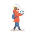 Cute Happy Boy in Winter Clothing Walking with Gift Box, Child Preparing for Christmas and Giving Present Vector