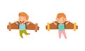Cute happy boys flying with cardboard wings cartoon vector illustration