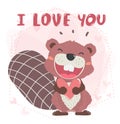 Cute happy brown autumn beaver open mouth smile, holding a heart with I love you text, cute animal character idea for child and