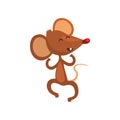 Cute happy brown mouse jumping and smiling happily, funny rodent character cartoon vector Illustration on a white Royalty Free Stock Photo