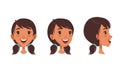 Cute Happy Brunette Girl Set, Different View of Girl Face, Front, Profile Side and Three Quarter View Cartoon Style