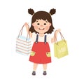 Cute happy brunette little girl carrying shopping bags cartoon vector illustration Royalty Free Stock Photo