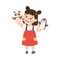 Cute happy brunette little girl playing with panda bear and penguin hand puppets cartoon vector illustration