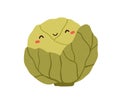 Cute happy cabbage. Smiling leaf vegetable character. Funny kawaii food with positive glad face emotion, expression