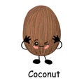 Cute happy cartoon coconut with a cheesy grin and its tongue protruding and arms with a second plain variant with no face and