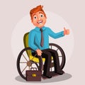 Cute, happy, cartoon disabled men character in a wheelchair, succesful businessman