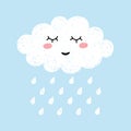 Cute happy cartoon kawaii cloud on blue background with rain drops. Dreaming cloud vector illustration