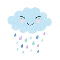 Cute happy cartoon kawaii cloud on blue background with rain drops. Dreaming cloud vector illustration